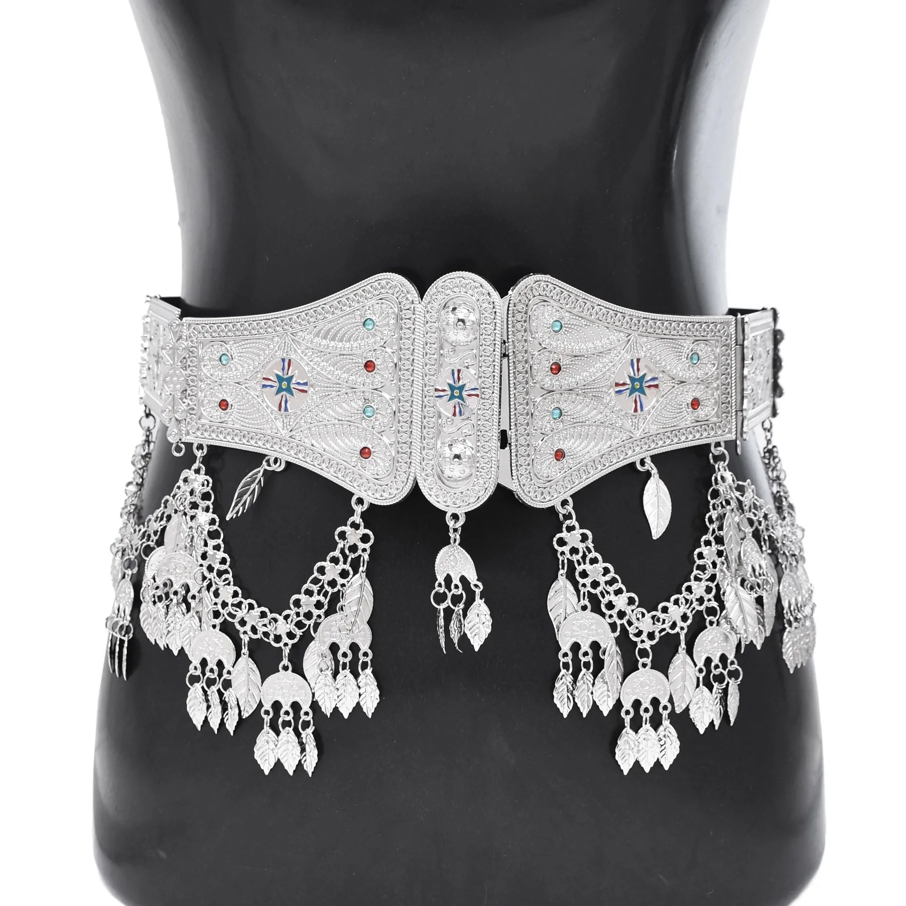 Silver Plated Assyrian National Flag Pattern Heavy Waist Belly Chains Alloy Cross Coin Leaf Tassel Belts Trendy Body Jewelry