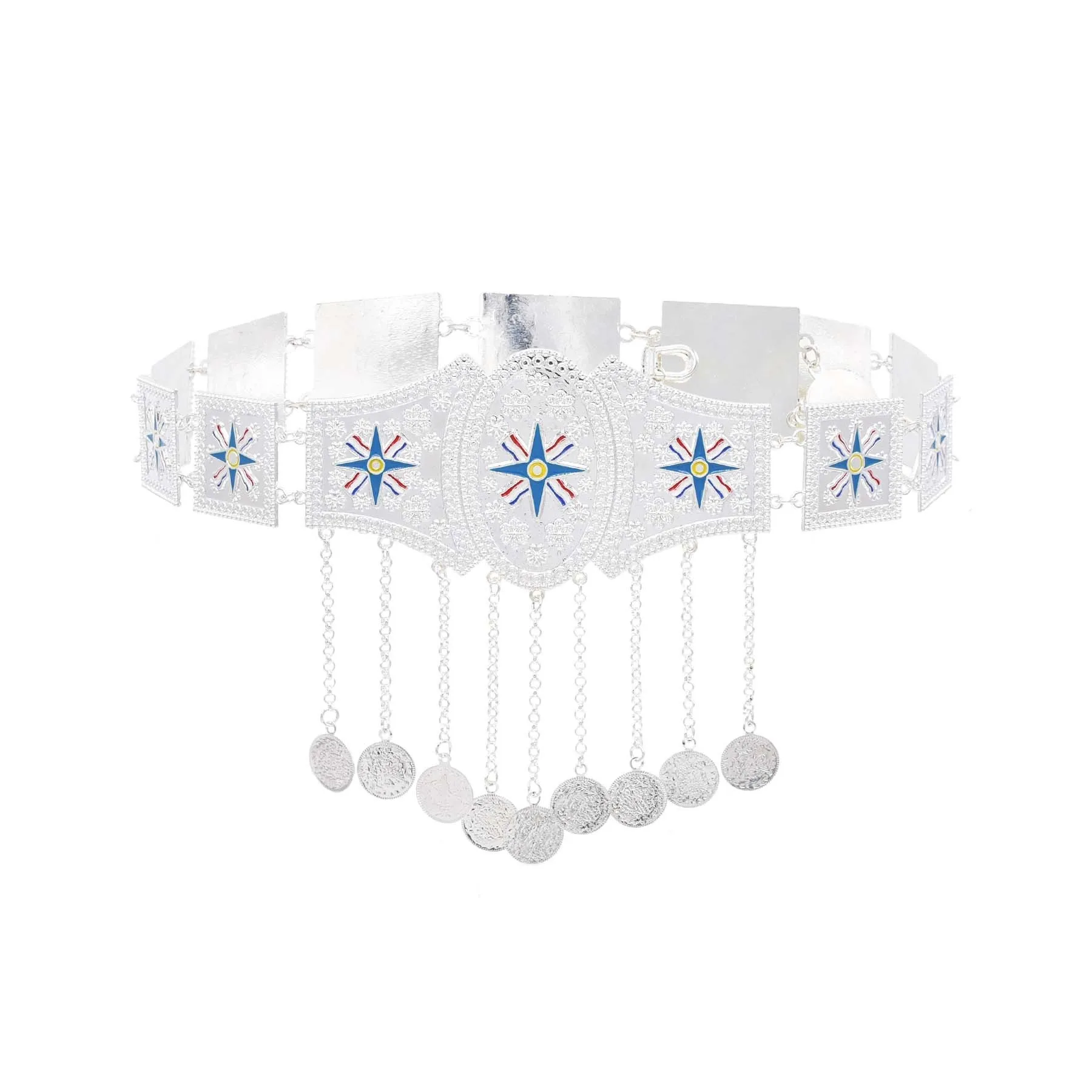 Silver Plated Assyrian National Flag Pattern Heavy Waist Belly Chains Alloy Cross Coin Leaf Tassel Belts Trendy Body Jewelry