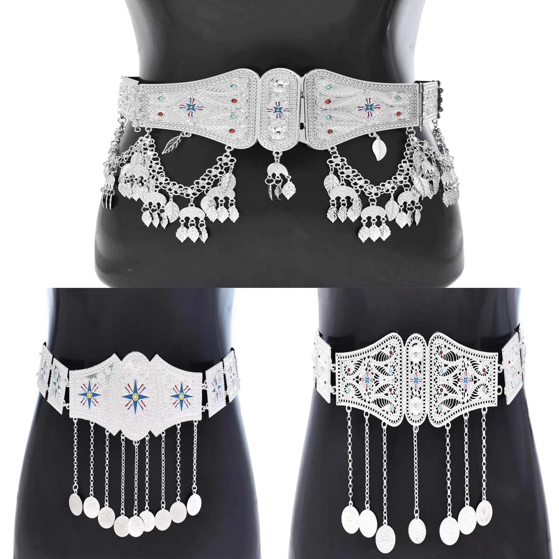 Silver Plated Assyrian National Flag Pattern Heavy Waist Belly Chains Alloy Cross Coin Leaf Tassel Belts Trendy Body Jewelry
