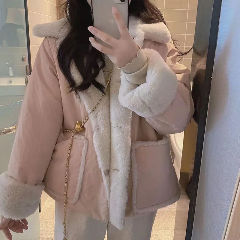 Biyaby Kawaii Pink Lapel Neck Parkas Women Winter Plus Velvet Thickened Warm Coats Woman Single Breasted Two Big Pocket Parka