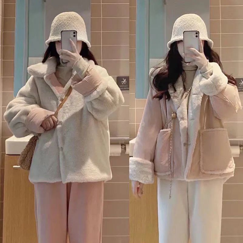 Biyaby Kawaii Pink Lapel Neck Parkas Women Winter Plus Velvet Thickened Warm Coats Woman Single Breasted Two Big Pocket Parka