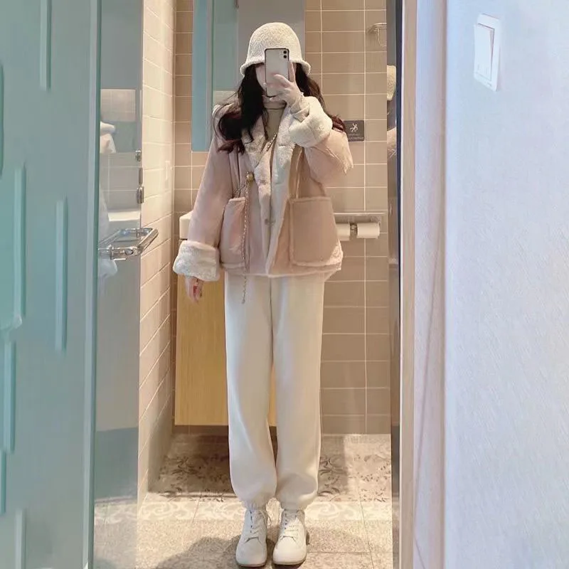 Biyaby Kawaii Pink Lapel Neck Parkas Women Winter Plus Velvet Thickened Warm Coats Woman Single Breasted Two Big Pocket Parka