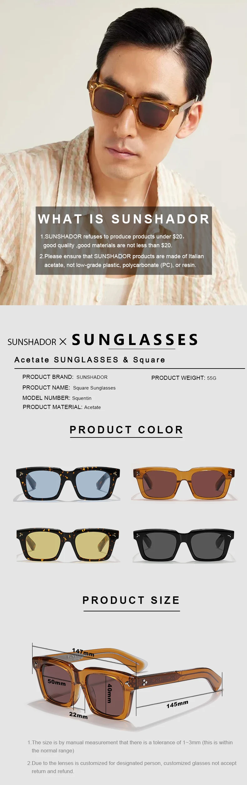 Top Quality Luxury Square Acetate Men Sunglasses Women Classic Sunglasses Outdoor UV400 Protection Custom Prescription Lenses