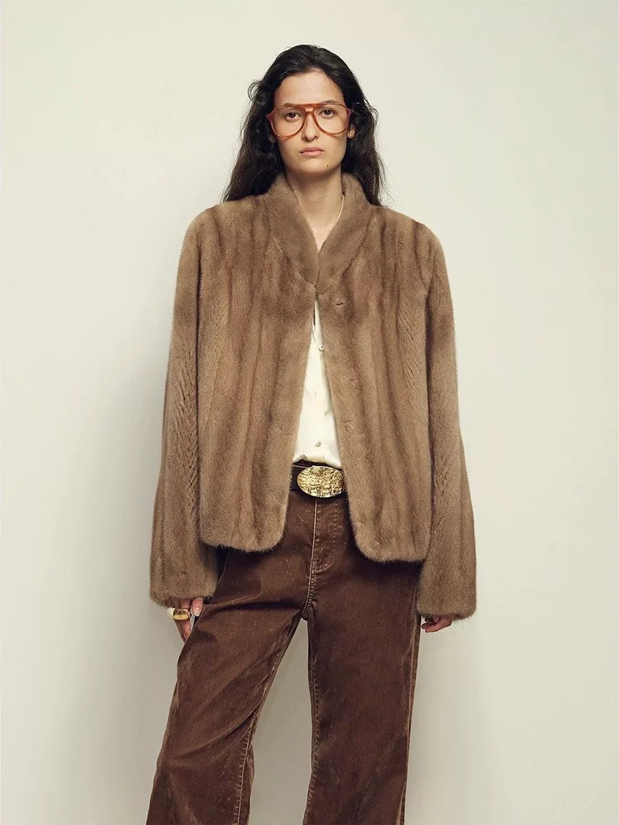 Lautaro Autumn Winter Short Brown Thick Warm Soft Faux Mink Fur Coat Women Stand Collar Elegant Luxury Chic Fluffy Jacket 2025