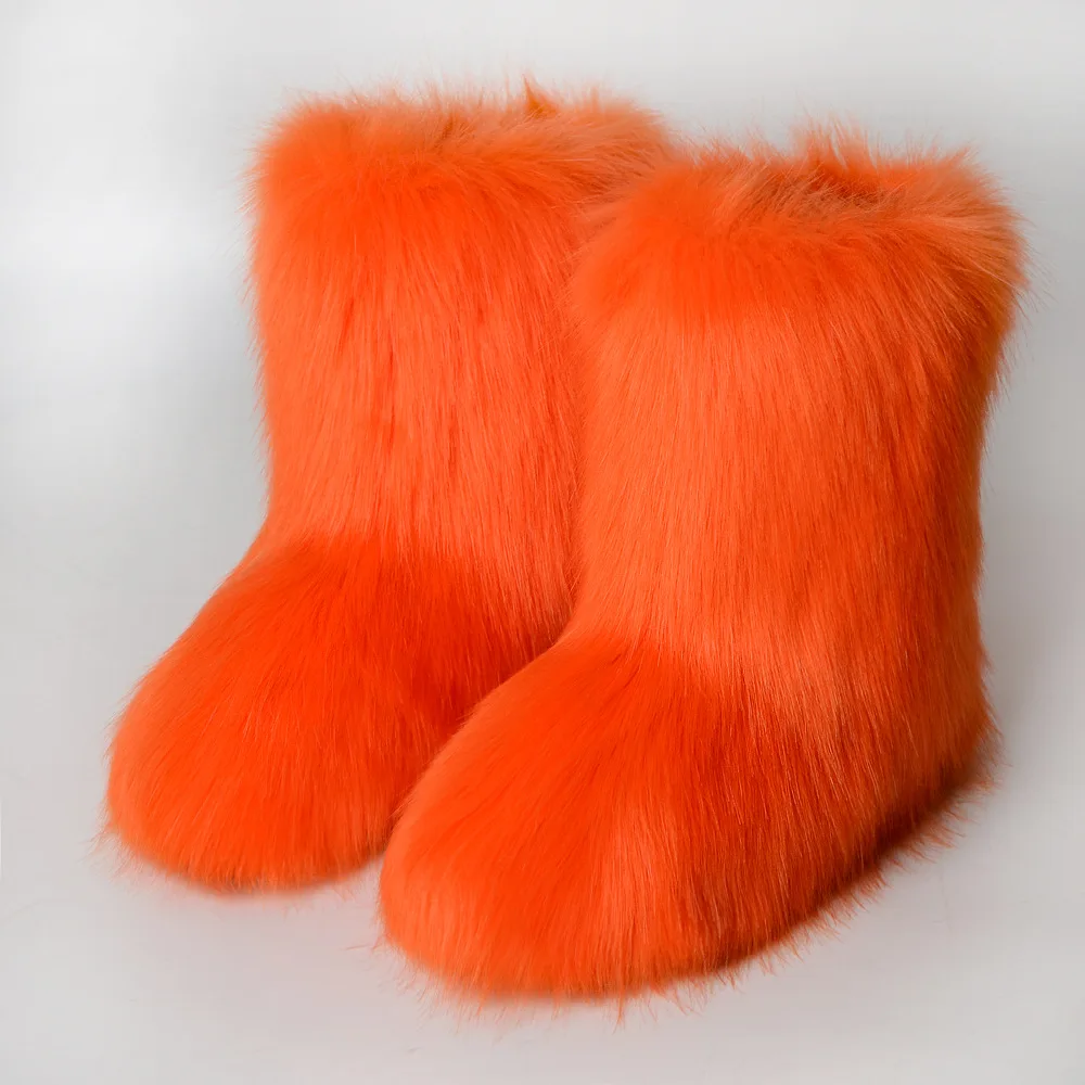 Women Faux Fur Boots Winter Fluffy Plush Warm Mid Calf Snow Boots Luxury Fashion Furry Boots Comfortable Outdoor Flat Shoes