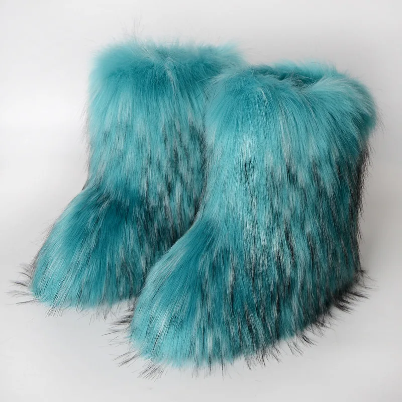 Women Faux Fur Boots Winter Fluffy Plush Warm Mid Calf Snow Boots Luxury Fashion Furry Boots Comfortable Outdoor Flat Shoes