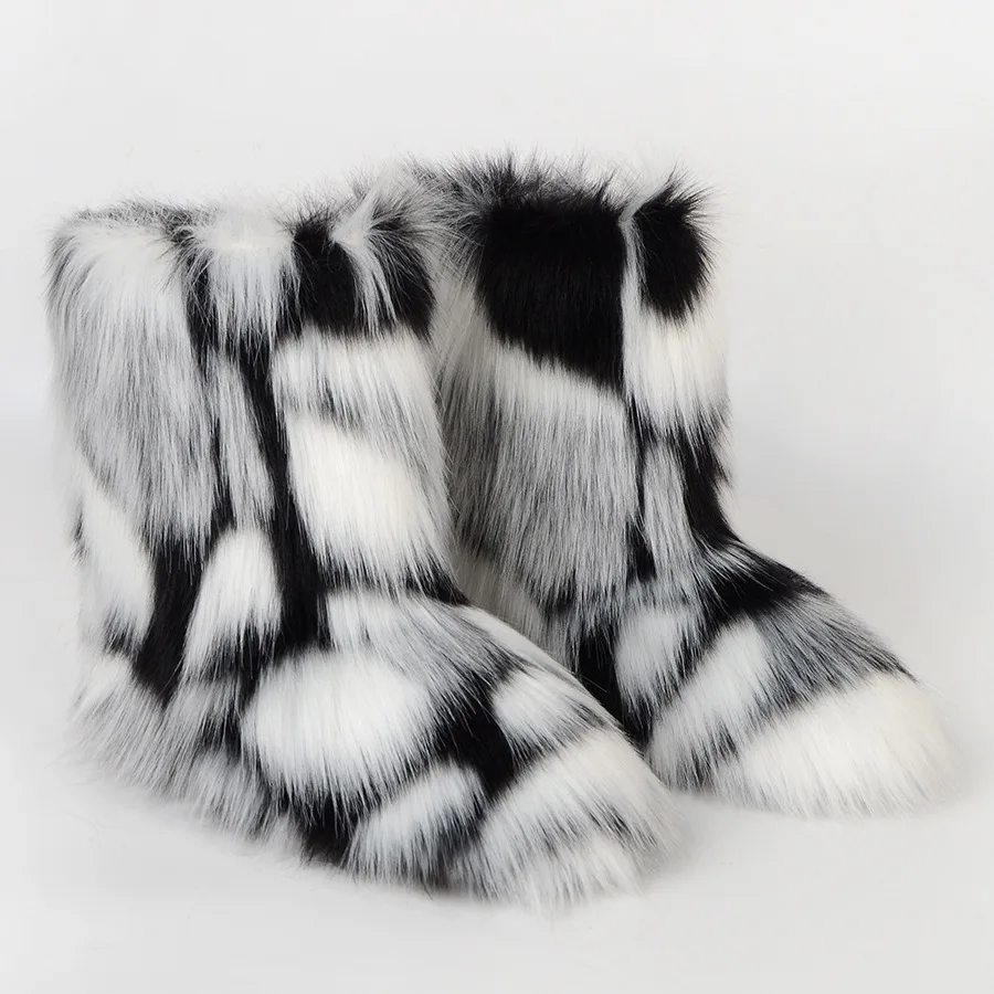 Women Faux Fur Boots Winter Fluffy Plush Warm Mid Calf Snow Boots Luxury Fashion Furry Boots Comfortable Outdoor Flat Shoes