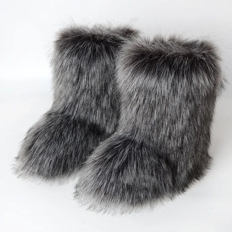 Women Faux Fur Boots Winter Fluffy Plush Warm Mid Calf Snow Boots Luxury Fashion Furry Boots Comfortable Outdoor Flat Shoes