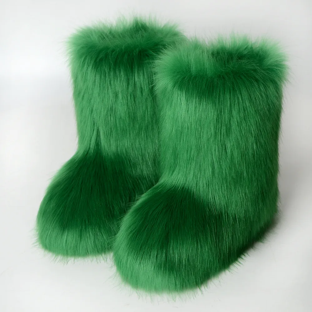 Women Faux Fur Boots Winter Fluffy Plush Warm Mid Calf Snow Boots Luxury Fashion Furry Boots Comfortable Outdoor Flat Shoes