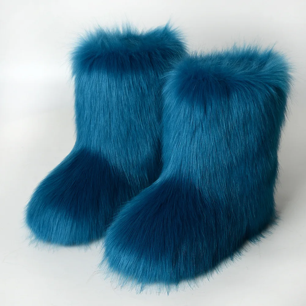 Women Faux Fur Boots Winter Fluffy Plush Warm Mid Calf Snow Boots Luxury Fashion Furry Boots Comfortable Outdoor Flat Shoes