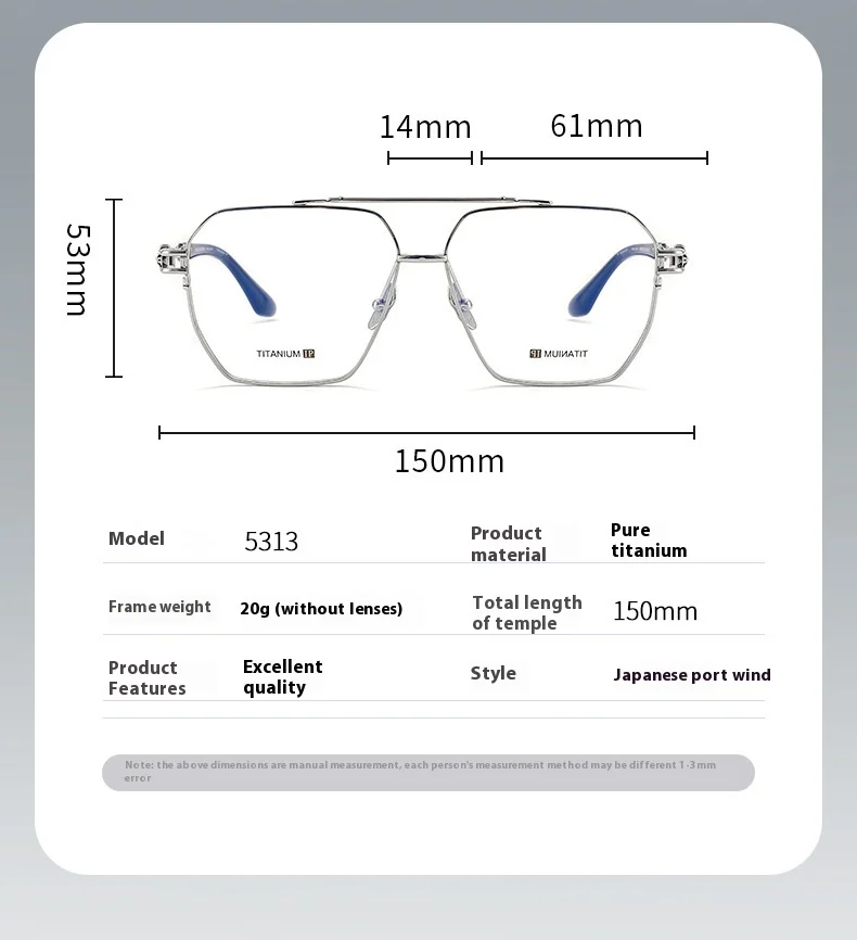 ALICIA Fat Face Over Size Eyewear Luxury Pure Titanium Pilot Double Bridge Glasses Optical Prescription Frames Woman Men 5313