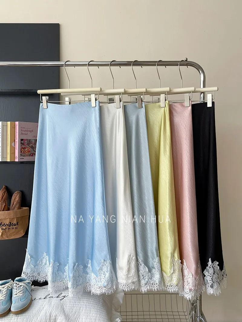 Beiyingni French Elegant Satin Mermaid Skirt Women Spring Summer Lace Patchwork Pack Hip Long A-line Skirts Office Ladies Faldas