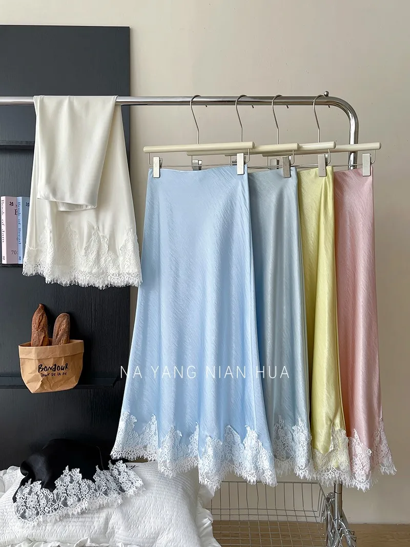 Beiyingni French Elegant Satin Mermaid Skirt Women Spring Summer Lace Patchwork Pack Hip Long A-line Skirts Office Ladies Faldas