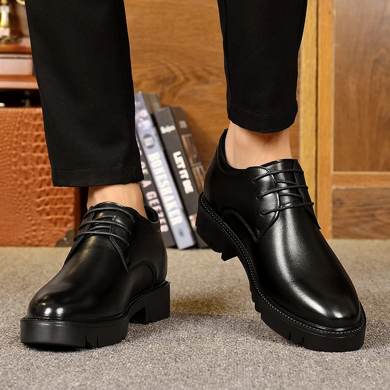 10cm Height Increasing Cowhide Men's Shoes, Fashionable, Casual, Business Office Thick Soled Men's Formal Shoes