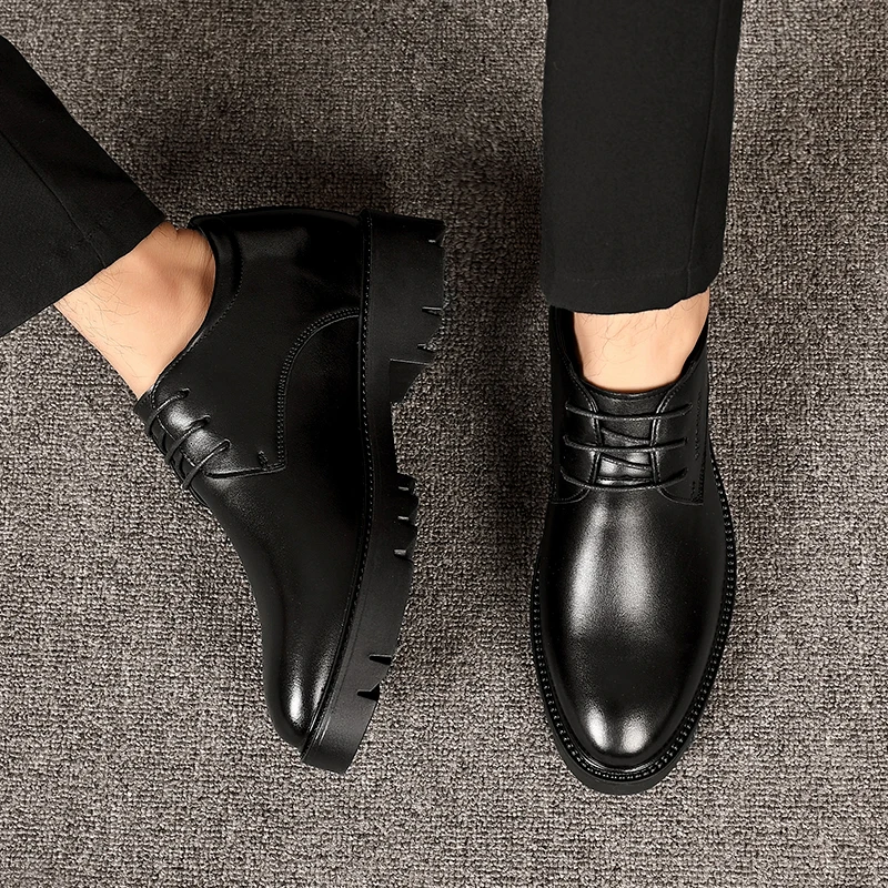 10cm Height Increasing Cowhide Men's Shoes, Fashionable, Casual, Business Office Thick Soled Men's Formal Shoes