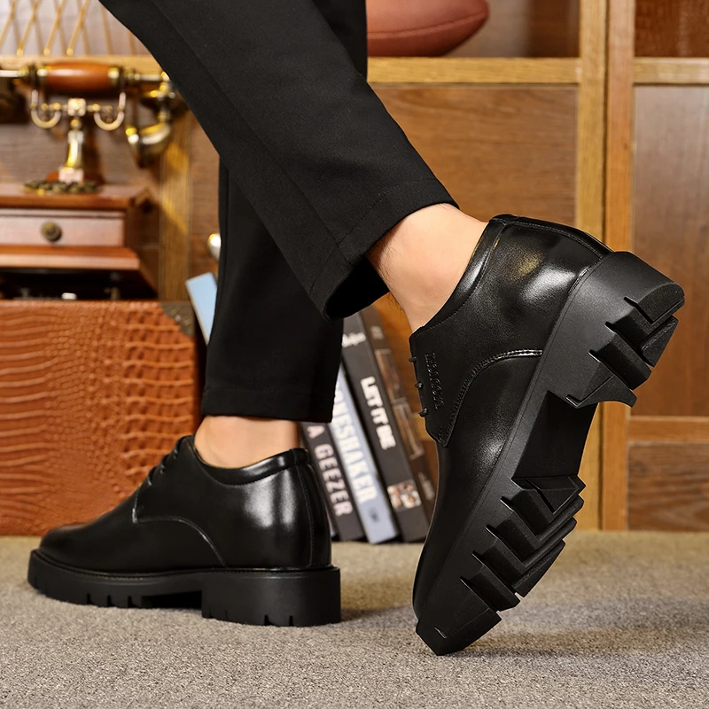 10cm Height Increasing Cowhide Men's Shoes, Fashionable, Casual, Business Office Thick Soled Men's Formal Shoes