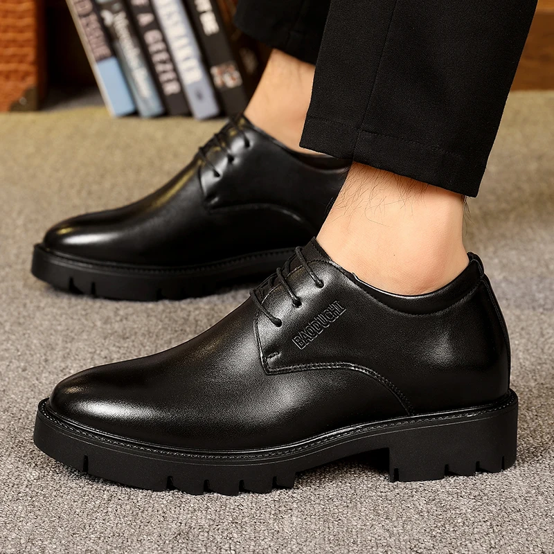 10cm Height Increasing Cowhide Men's Shoes, Fashionable, Casual, Business Office Thick Soled Men's Formal Shoes