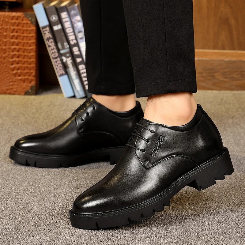10cm Height Increasing Cowhide Men's Shoes, Fashionable, Casual, Business Office Thick Soled Men's Formal Shoes