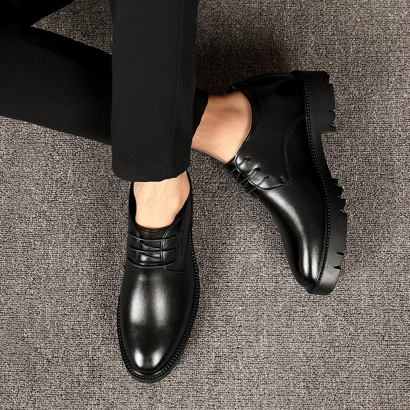 10cm Height Increasing Cowhide Men's Shoes, Fashionable, Casual, Business Office Thick Soled Men's Formal Shoes