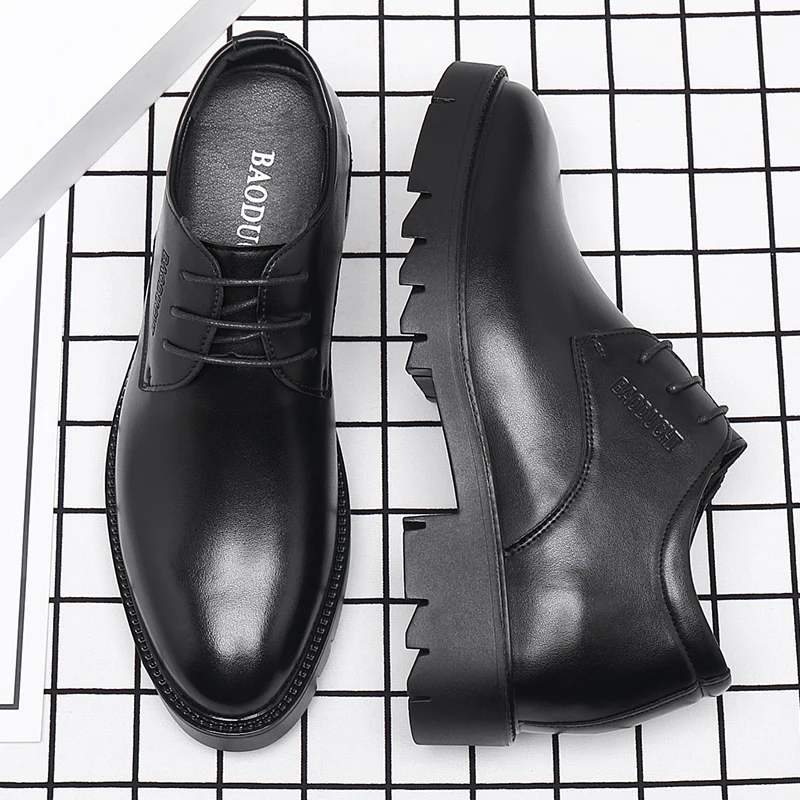 10cm Height Increasing Cowhide Men's Shoes, Fashionable, Casual, Business Office Thick Soled Men's Formal Shoes
