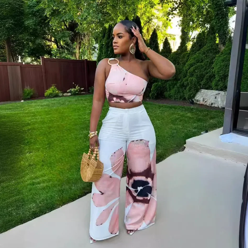 Women Set Floral Print Sleeveless Skew Collar Tops +Wide Leg Pants Two 2 Piece Set Outfit Summer Street Tracksuit