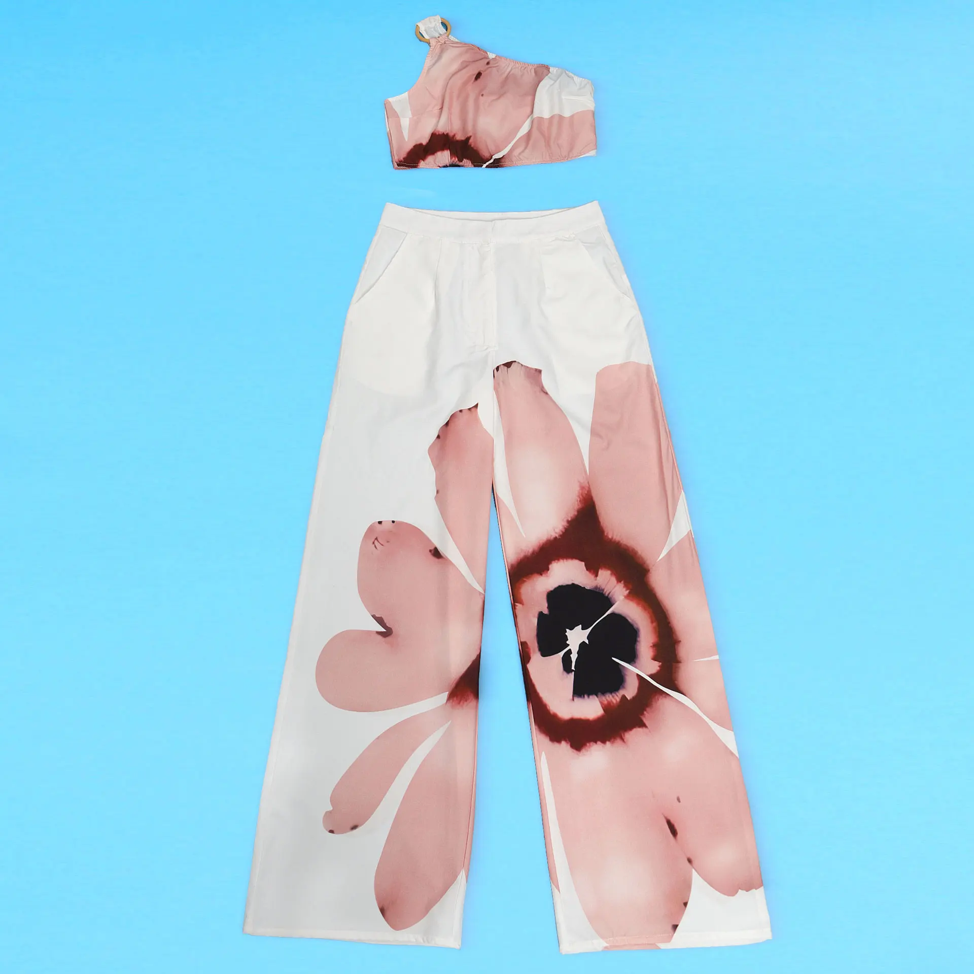 Women Set Floral Print Sleeveless Skew Collar Tops +Wide Leg Pants Two 2 Piece Set Outfit Summer Street Tracksuit