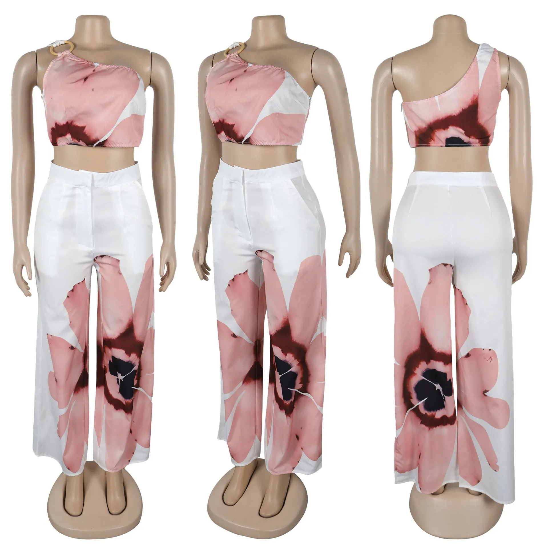 Women Set Floral Print Sleeveless Skew Collar Tops +Wide Leg Pants Two 2 Piece Set Outfit Summer Street Tracksuit