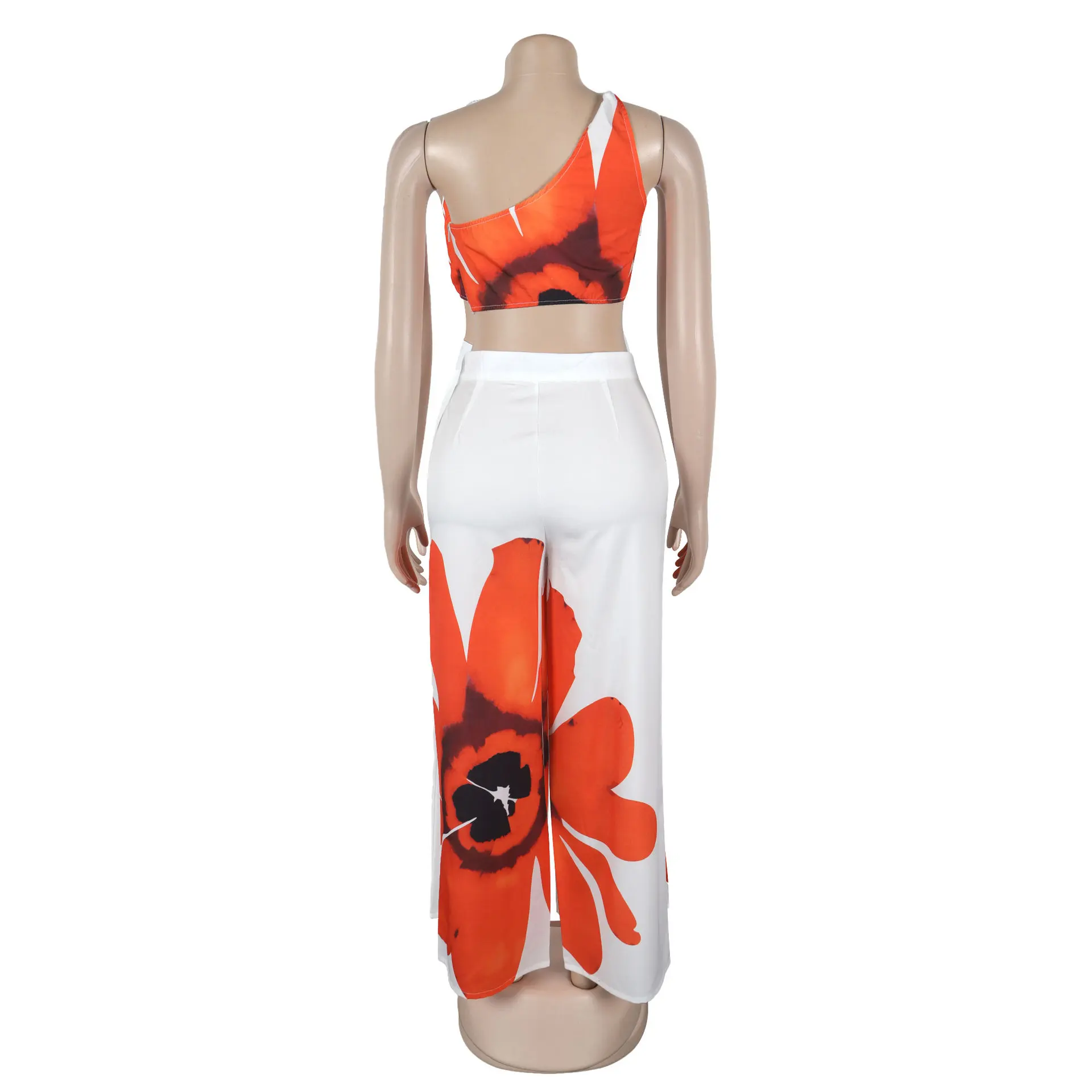Women Set Floral Print Sleeveless Skew Collar Tops +Wide Leg Pants Two 2 Piece Set Outfit Summer Street Tracksuit
