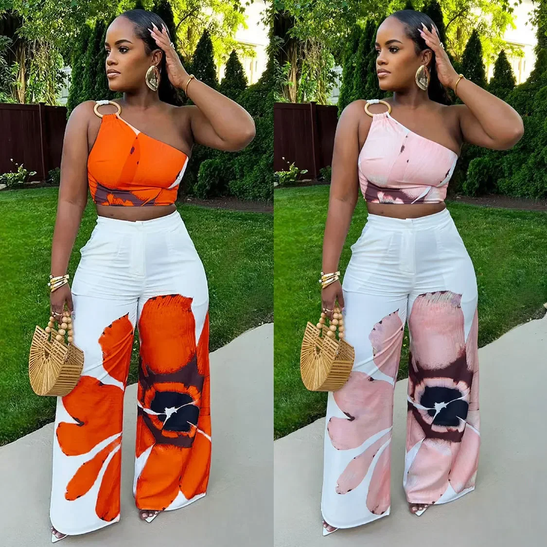 Women Set Floral Print Sleeveless Skew Collar Tops +Wide Leg Pants Two 2 Piece Set Outfit Summer Street Tracksuit