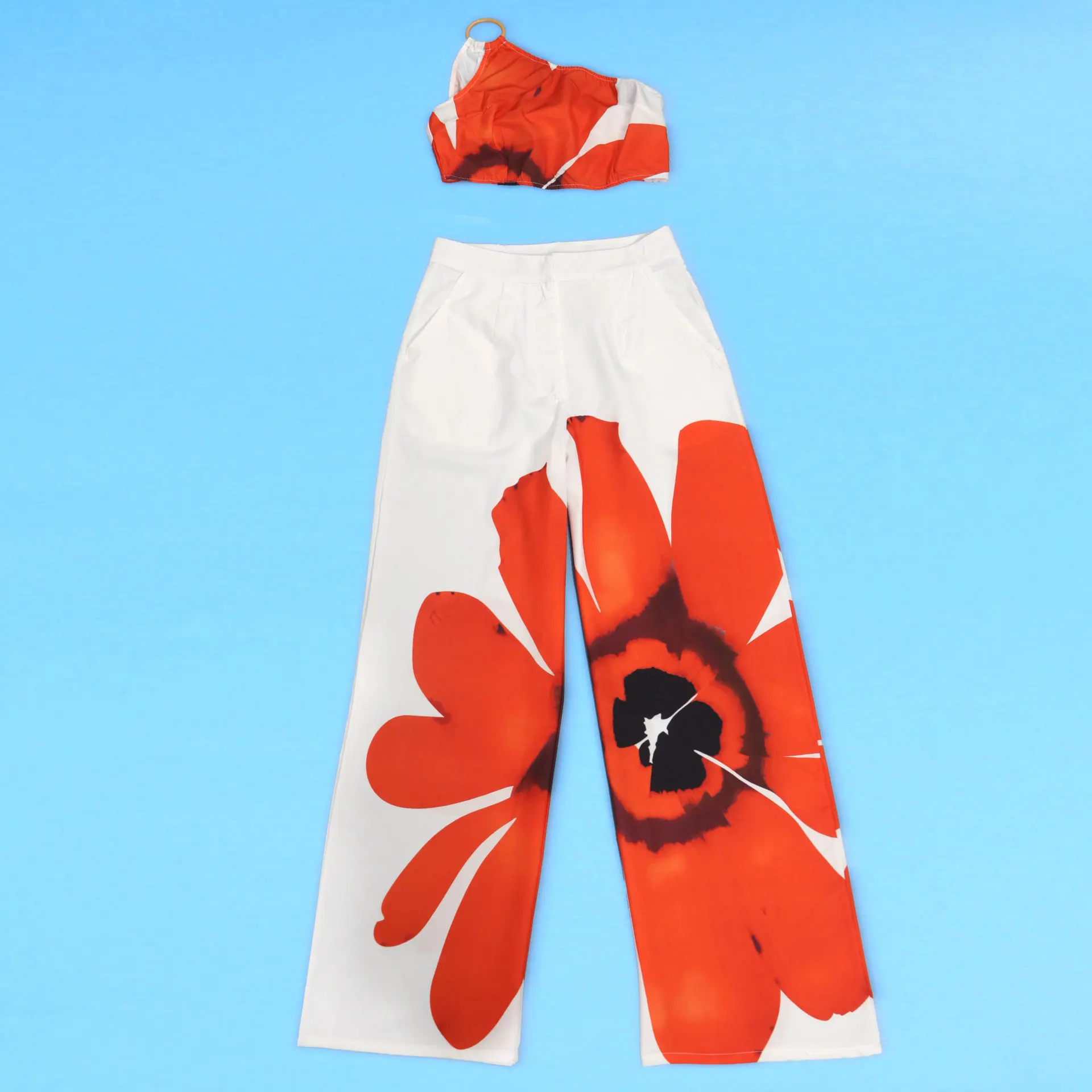 Women Set Floral Print Sleeveless Skew Collar Tops +Wide Leg Pants Two 2 Piece Set Outfit Summer Street Tracksuit