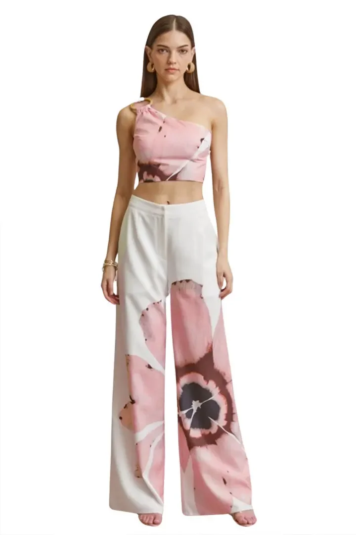 Women Set Floral Print Sleeveless Skew Collar Tops +Wide Leg Pants Two 2 Piece Set Outfit Summer Street Tracksuit
