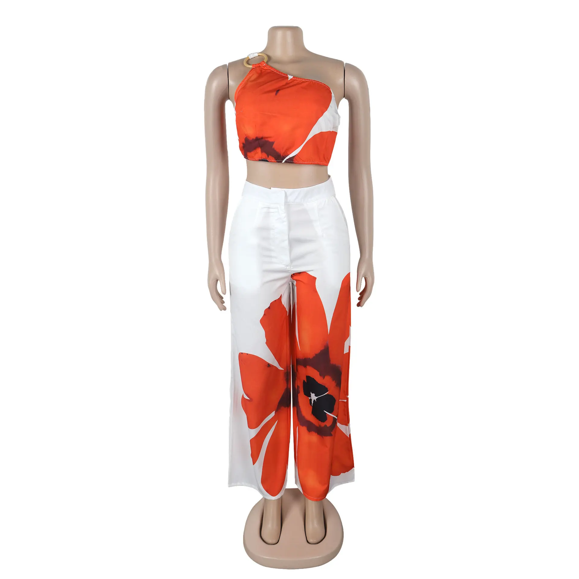 Women Set Floral Print Sleeveless Skew Collar Tops +Wide Leg Pants Two 2 Piece Set Outfit Summer Street Tracksuit