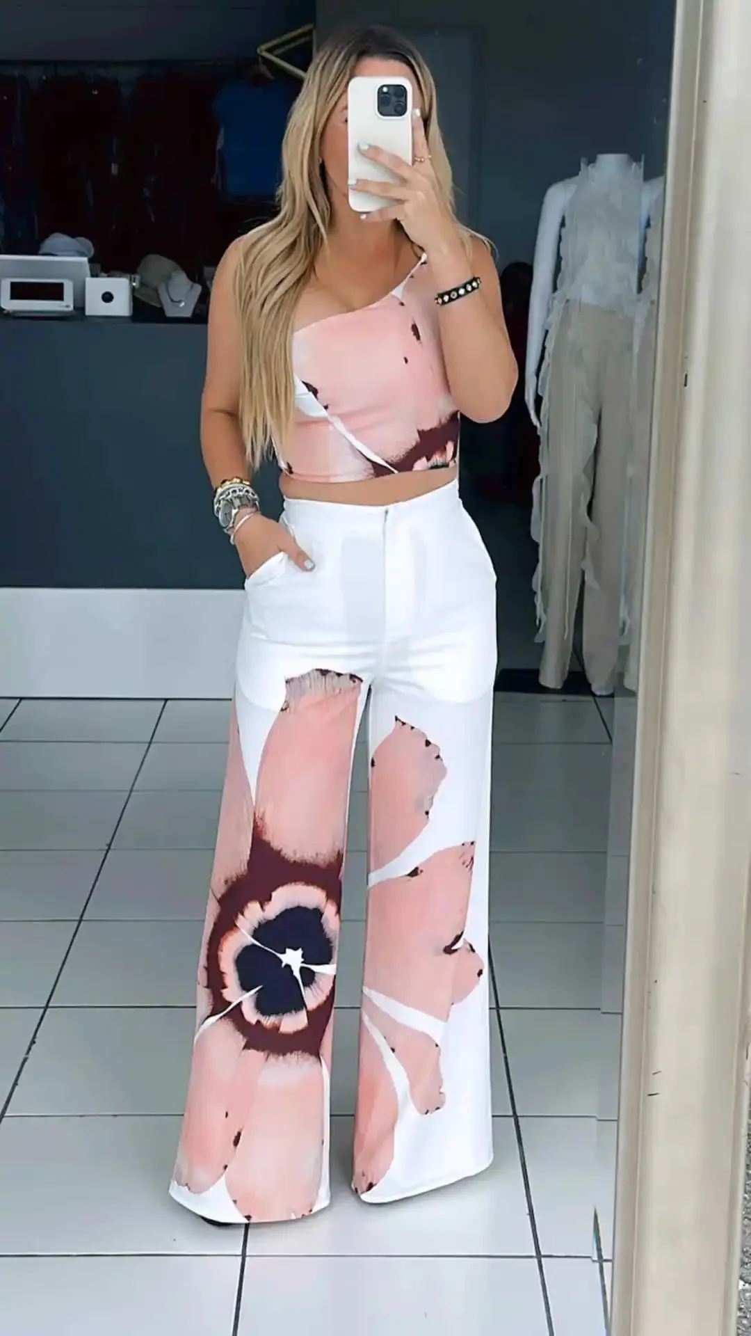 Women Set Floral Print Sleeveless Skew Collar Tops +Wide Leg Pants Two 2 Piece Set Outfit Summer Street Tracksuit