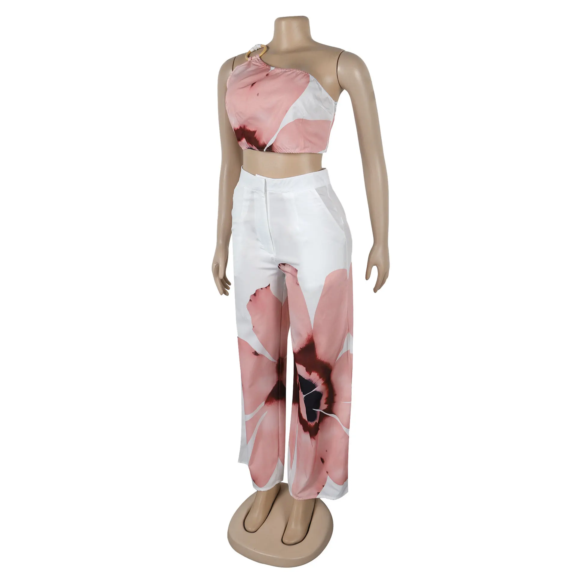 Women Set Floral Print Sleeveless Skew Collar Tops +Wide Leg Pants Two 2 Piece Set Outfit Summer Street Tracksuit