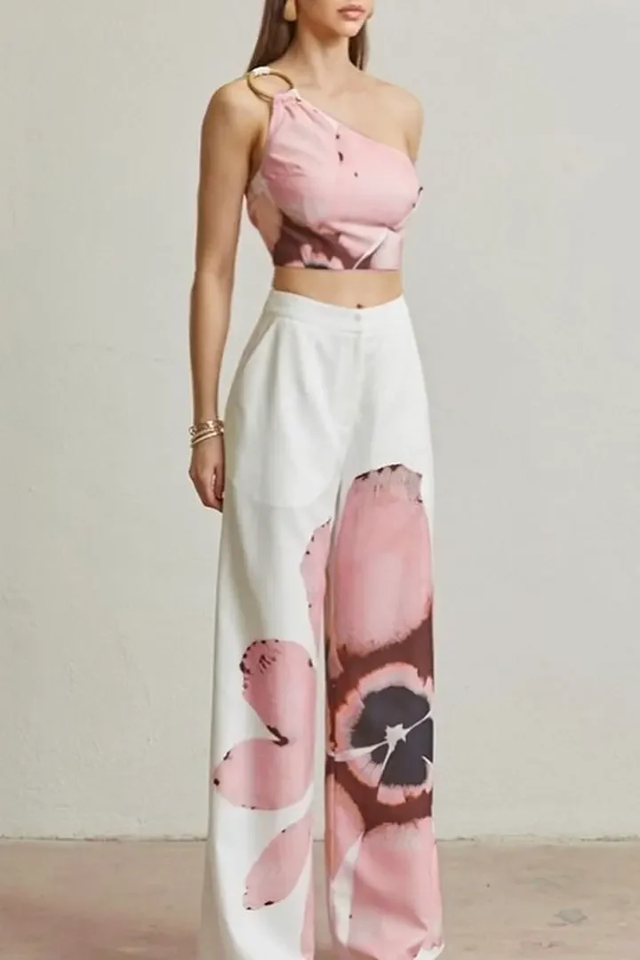 Women Set Floral Print Sleeveless Skew Collar Tops +Wide Leg Pants Two 2 Piece Set Outfit Summer Street Tracksuit