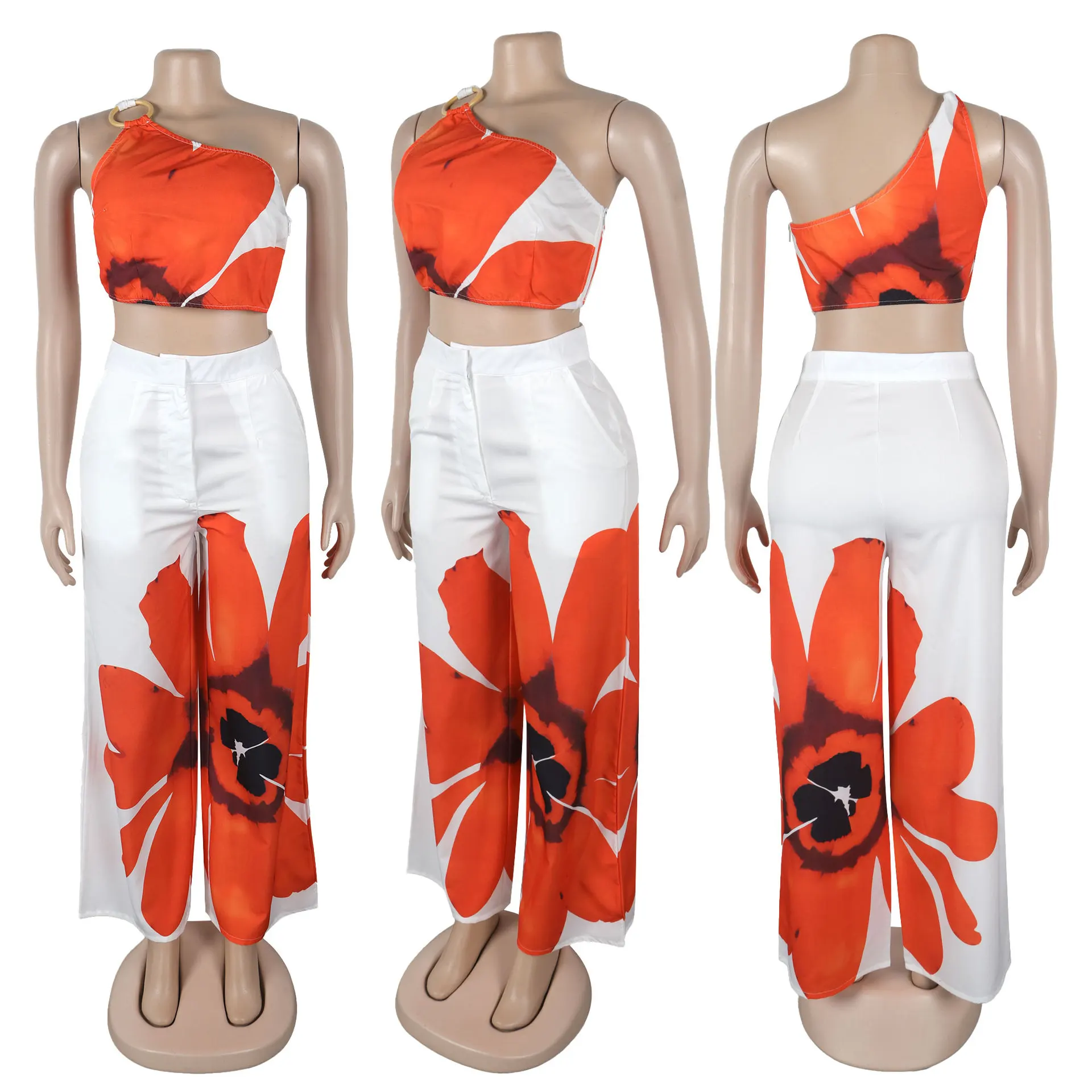 Women Set Floral Print Sleeveless Skew Collar Tops +Wide Leg Pants Two 2 Piece Set Outfit Summer Street Tracksuit