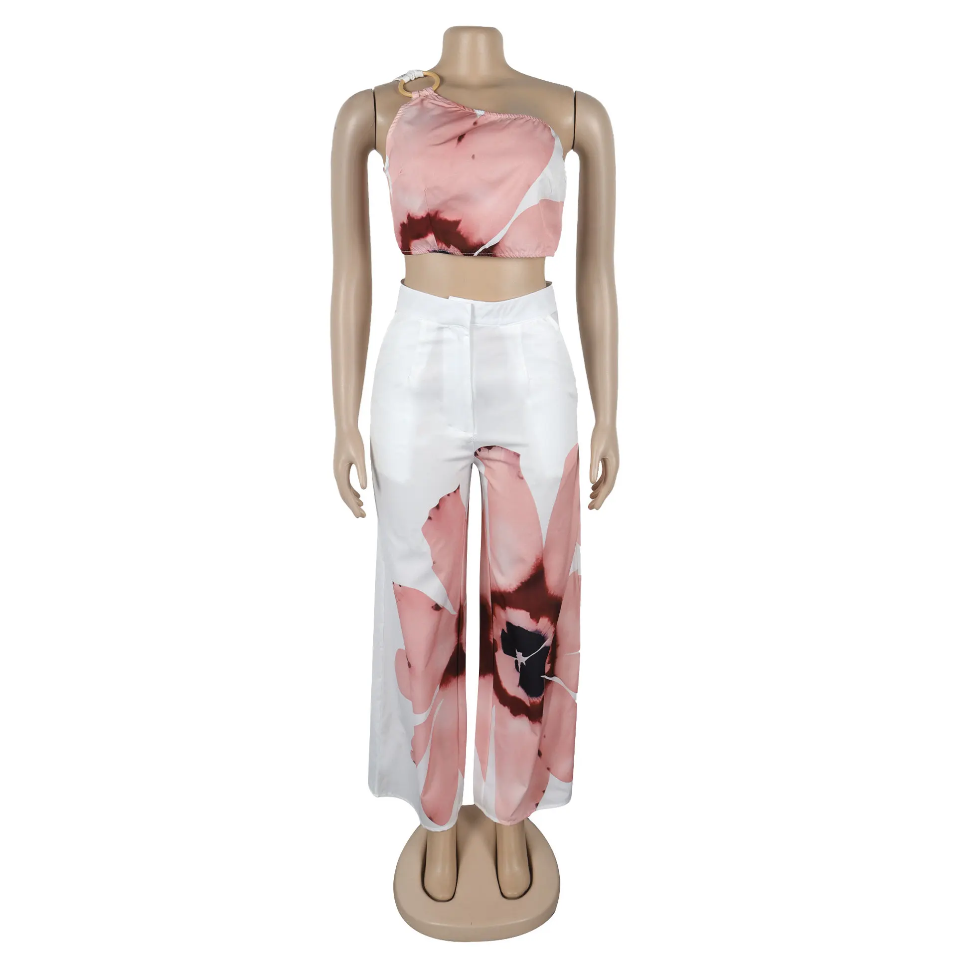 Women Set Floral Print Sleeveless Skew Collar Tops +Wide Leg Pants Two 2 Piece Set Outfit Summer Street Tracksuit