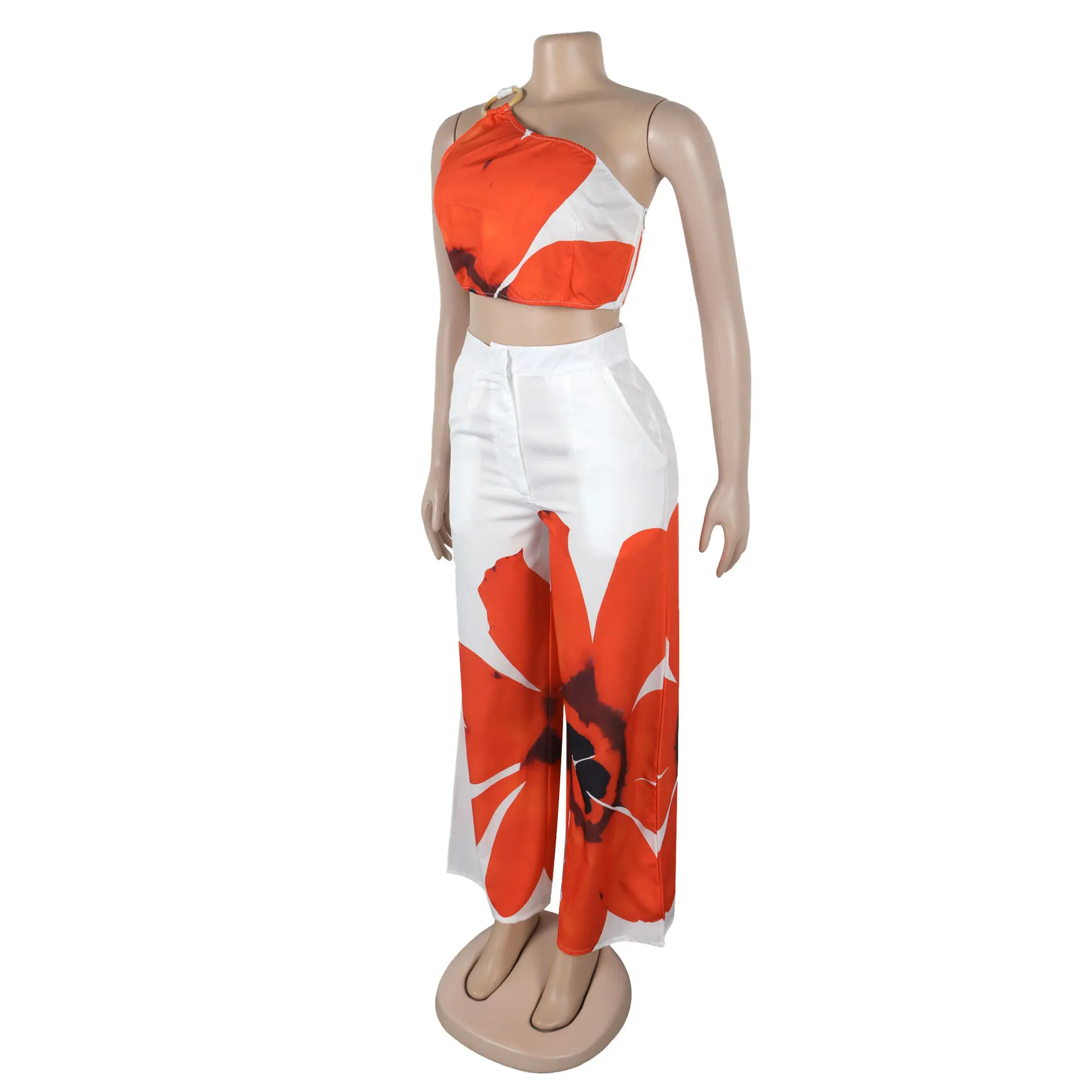 Women Set Floral Print Sleeveless Skew Collar Tops +Wide Leg Pants Two 2 Piece Set Outfit Summer Street Tracksuit