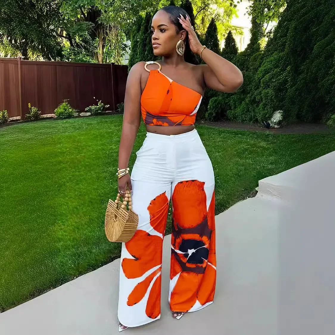 Women Set Floral Print Sleeveless Skew Collar Tops +Wide Leg Pants Two 2 Piece Set Outfit Summer Street Tracksuit