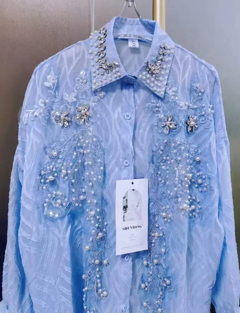 Luxury Pearls Beads Stitch Blue Blouses Shirts For Women 2025 Spring Summer New Fashion Trend Loose Casual Tops Blusas