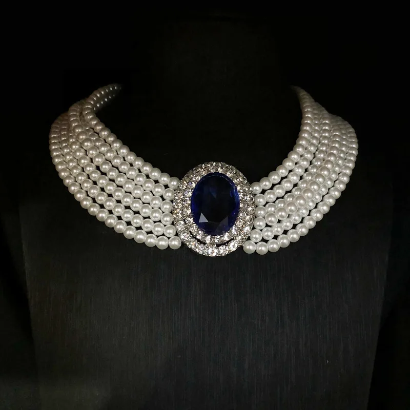 2026 French Retro Rhinestone Inlaid Elegant Sapphire Necklace Multi-layer Glass Pearl Necklace Hepburn Style Clavicle Necklace