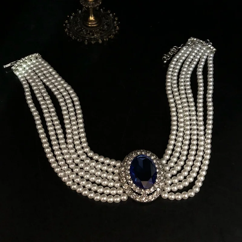 2026 French Retro Rhinestone Inlaid Elegant Sapphire Necklace Multi-layer Glass Pearl Necklace Hepburn Style Clavicle Necklace