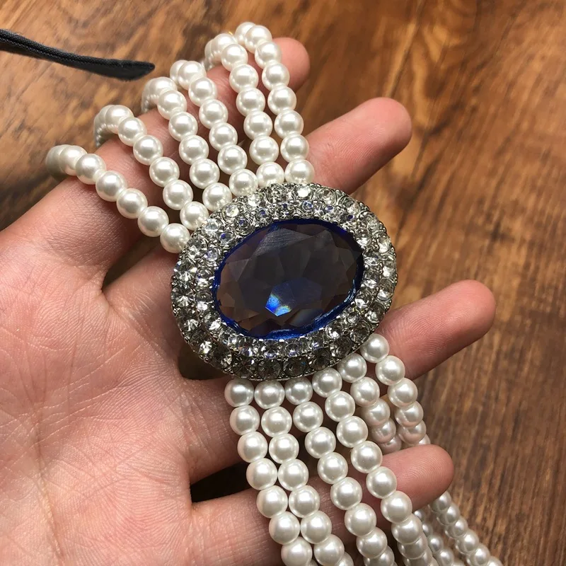 2026 French Retro Rhinestone Inlaid Elegant Sapphire Necklace Multi-layer Glass Pearl Necklace Hepburn Style Clavicle Necklace