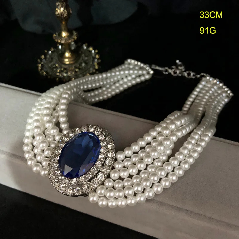2026 French Retro Rhinestone Inlaid Elegant Sapphire Necklace Multi-layer Glass Pearl Necklace Hepburn Style Clavicle Necklace