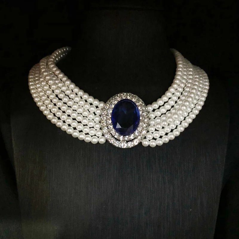 2026 French Retro Rhinestone Inlaid Elegant Sapphire Necklace Multi-layer Glass Pearl Necklace Hepburn Style Clavicle Necklace