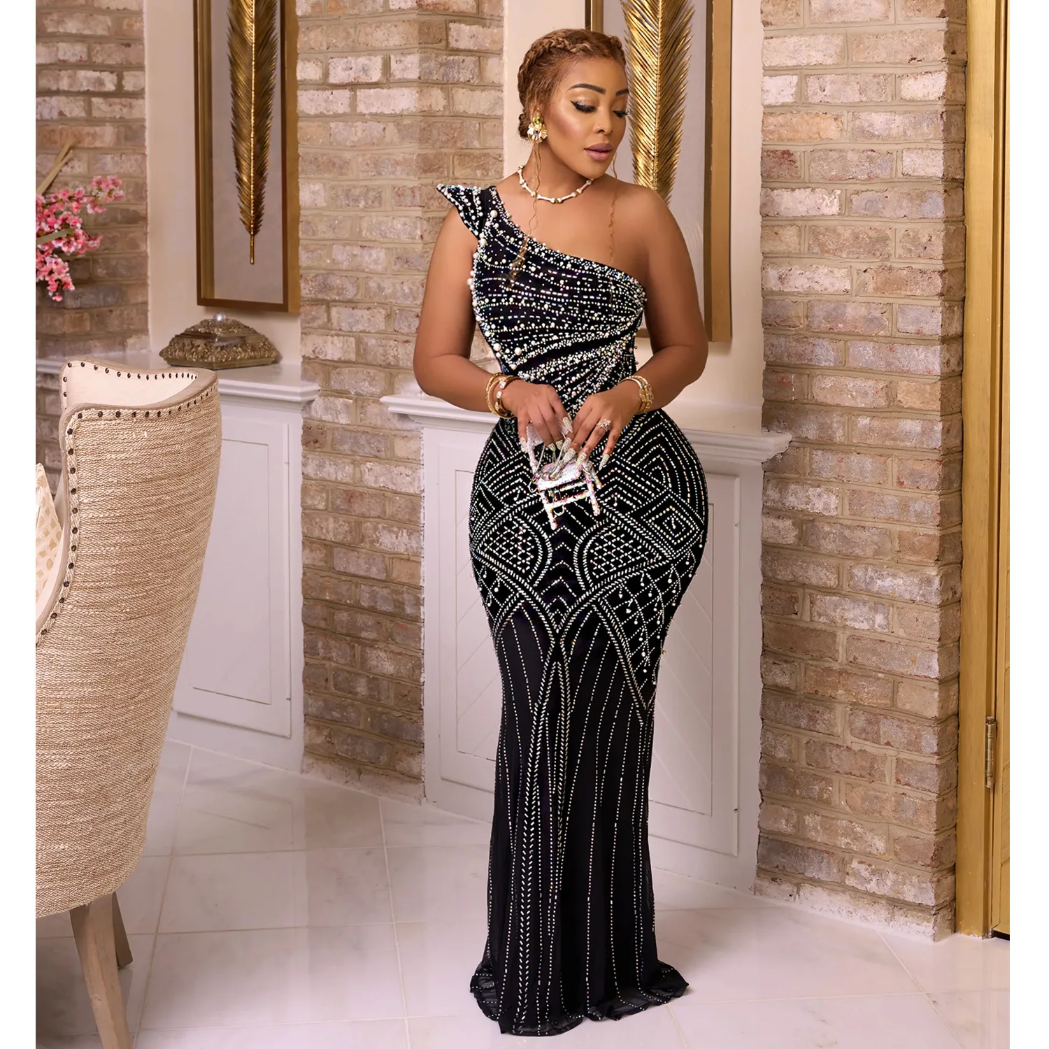 Women Dress Floor Length Dresses Skew Collar Vestidos Hot Drilling Sleeveless One Shoulder Hip Wrap Party Sexy Slim Fit
