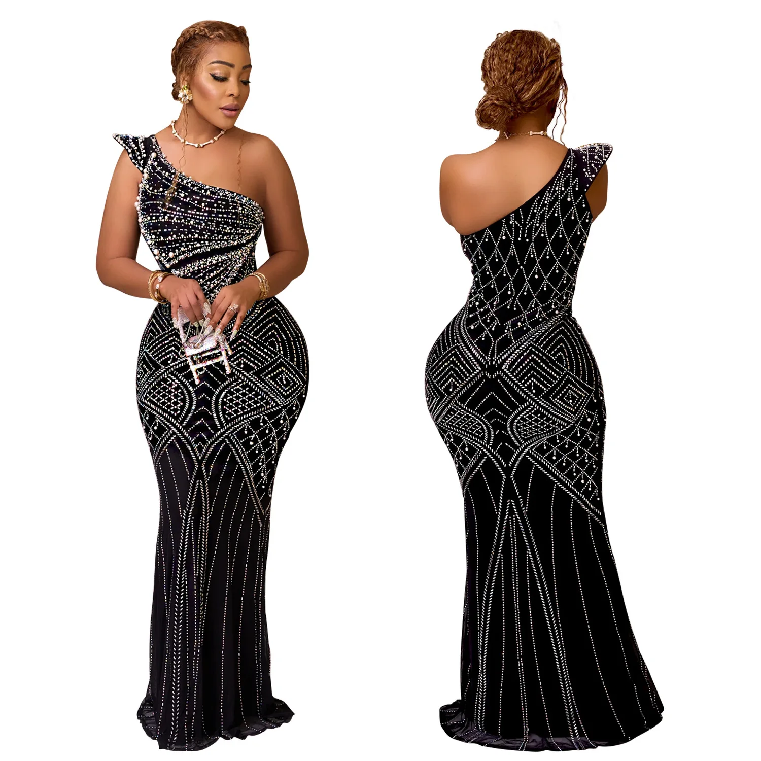 Women Dress Floor Length Dresses Skew Collar Vestidos Hot Drilling Sleeveless One Shoulder Hip Wrap Party Sexy Slim Fit