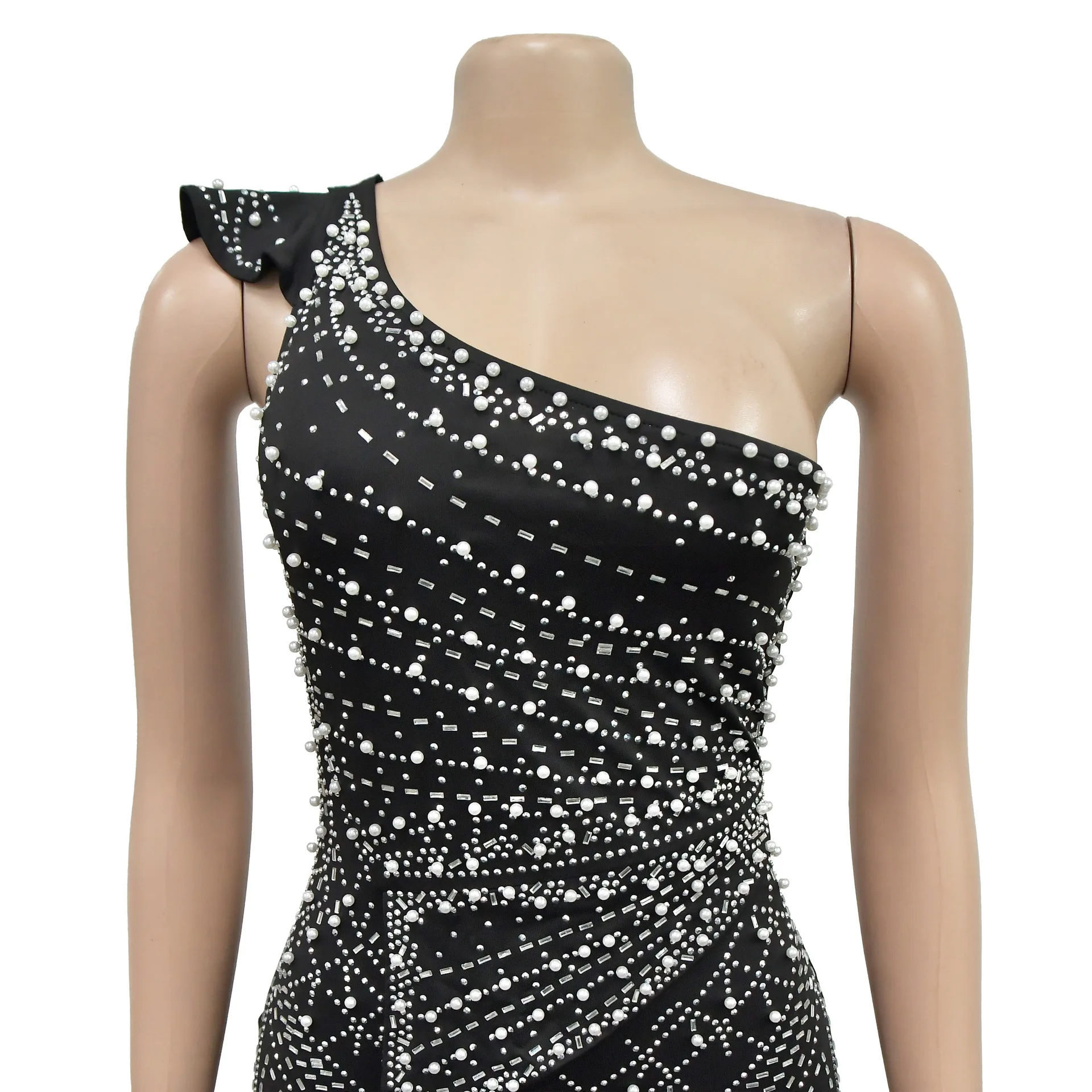 Women Dress Floor Length Dresses Skew Collar Vestidos Hot Drilling Sleeveless One Shoulder Hip Wrap Party Sexy Slim Fit