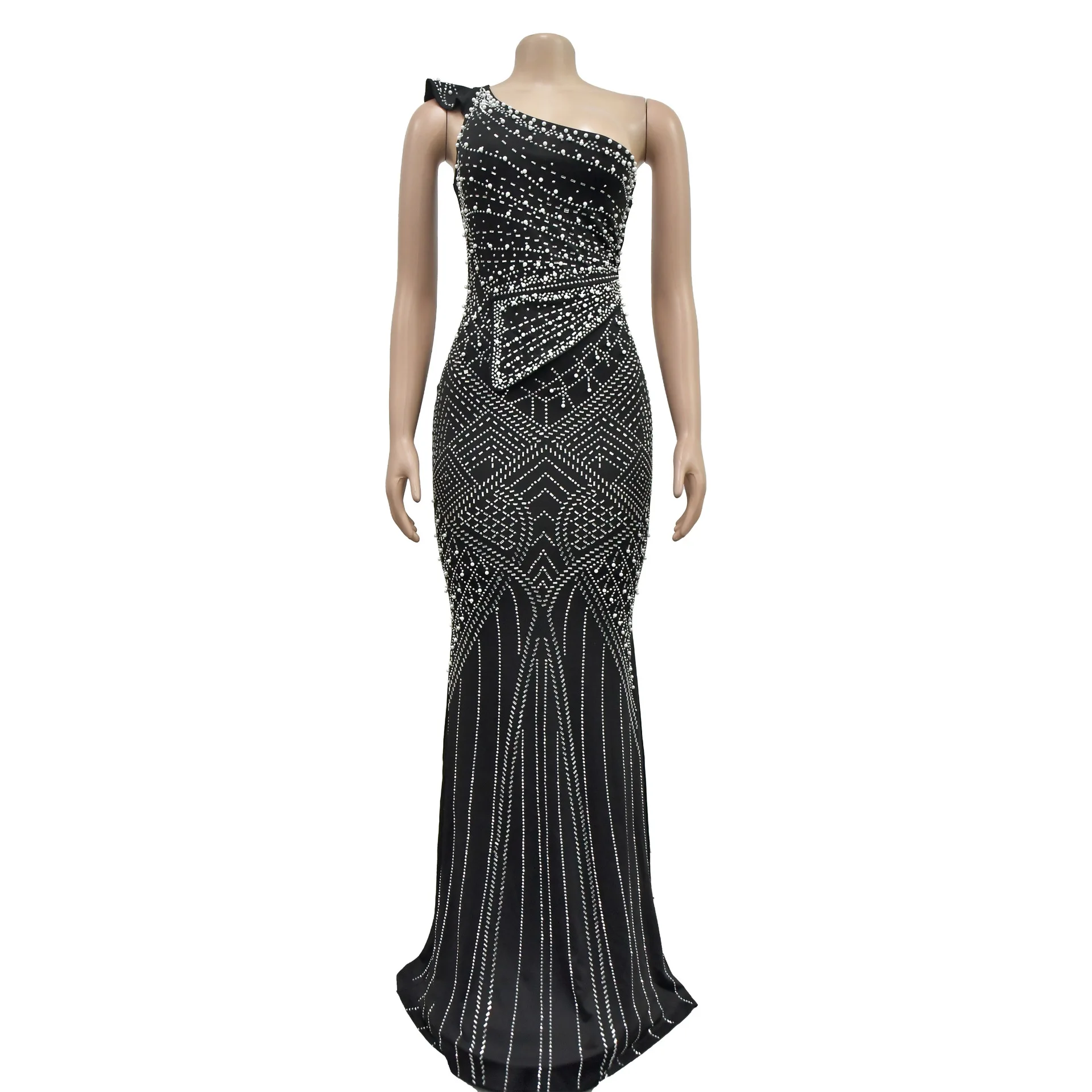 Women Dress Floor Length Dresses Skew Collar Vestidos Hot Drilling Sleeveless One Shoulder Hip Wrap Party Sexy Slim Fit
