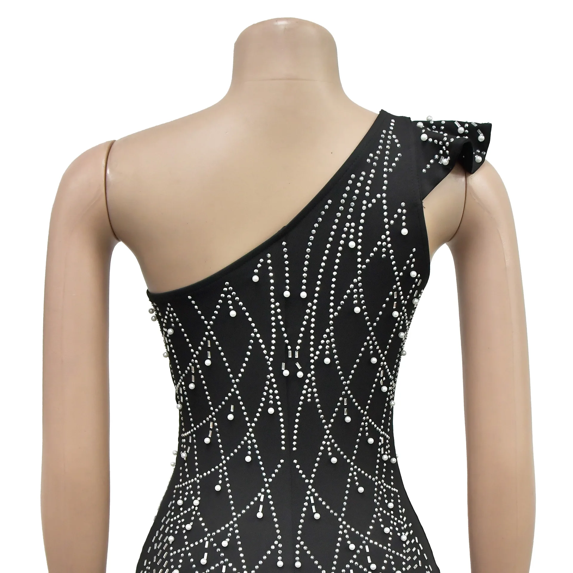 Women Dress Floor Length Dresses Skew Collar Vestidos Hot Drilling Sleeveless One Shoulder Hip Wrap Party Sexy Slim Fit